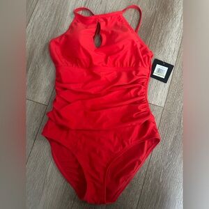 NWT ladies one piece ruched red swim suit